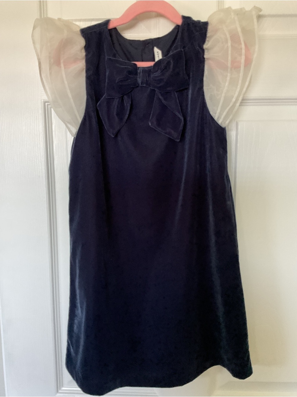 Janie and Jack Navy Velvet Dress with Sheer Ivory Puff Sleeves and Bow
